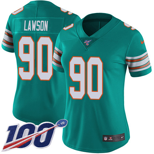 Nike Miami Dolphins 90 Shaq Lawson Aqua Green Alternate Women Stitched NFL 100th Season Vapor Untouchable Limited Jersey